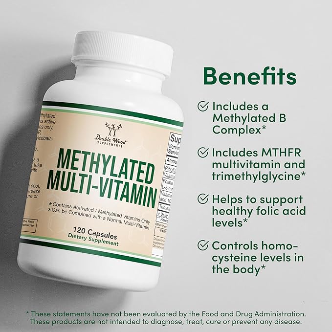 Methylated Multivitamin (Methylated and Activated Vitamins Only - Methylated B Complex with Trimethylglycine (TMG) and Methylfolate)(Non-GMO, Gluten Free MTHFR Supplement) 120 Capsules by Double Wood