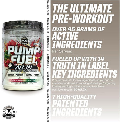 PMD Sports Pump Fuel All in Insanity - Ultimate Muscle Pump Supplement & Pre Workout Powder - Maximum Energy and Focus with Premium Creatine, Beta Alanine & More - Strawberry Watermelon (20 Servings)