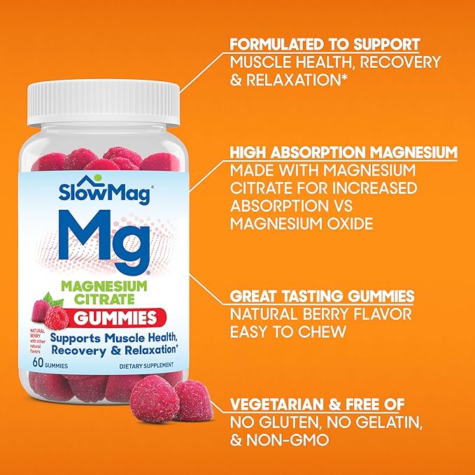 SlowMag Magnesium Citrate Gummies - Supports Muscle Health, Recovery & Relaxation, Natural Berry Flavored, 60 Count