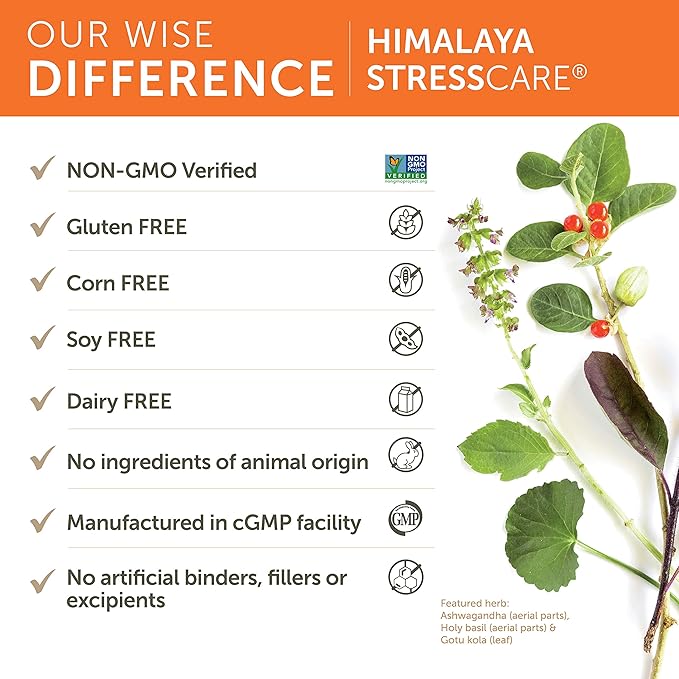 Himalaya StressCare Herbal Supplement, Supports Stress Relief, Energy Support, Relaxation, Occasional Sleeplessness, Ashwagandha, Holy Basil/Tulsi, Gotu Kola, Non-GMO, Vegetarian, 120 Capsules