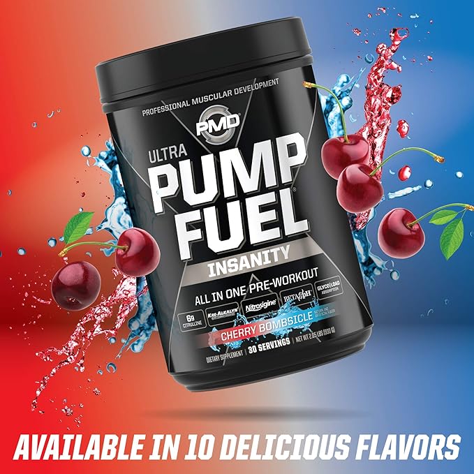 PMD Sports Ultra Pump Fuel Insanity - Pre Workout Drink Mix for Energy, Strength, Endurance, Recovery - Complex Carbohydrates and Amino Energy - Cherry Bombsicle (30 Servings)