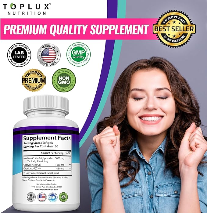 Toplux Keto MCT Oil Capsules - 3000mg Natural Pure Coconut Oil Extract Pills, Source of Energy, Easy to Digest for Men Women, 90 Softgels, Supplement