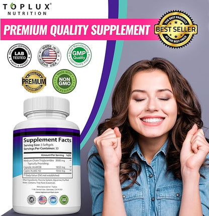 Toplux Keto MCT Oil Capsules - 3000mg Natural Pure Coconut Oil Extract Pills, Source of Energy, Easy to Digest for Men Women, 90 Softgels, Supplement