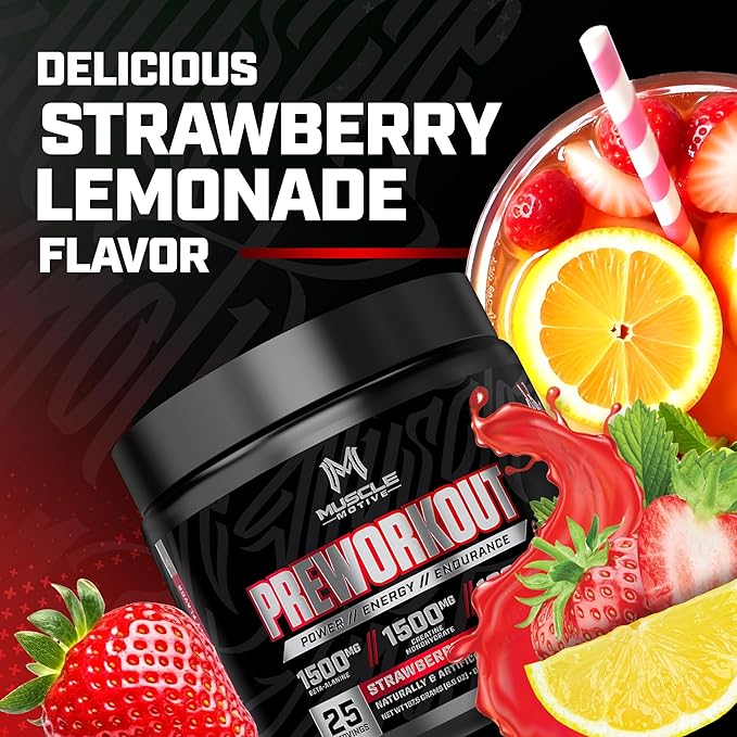 Pre Workout Powder with Beta Alanine, Creatine Monohydrate, BCAA, L Citrulline, L Arginine and Caffeine - Strawberry Lemonade Flavor - 25 Servings