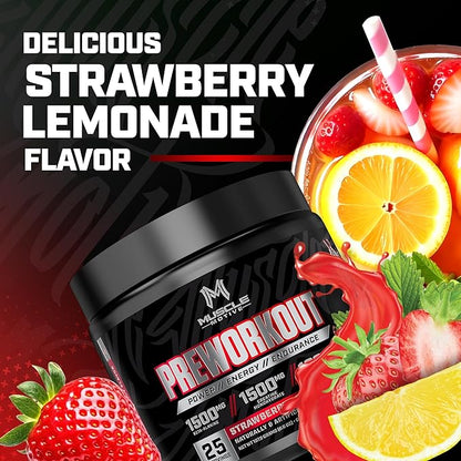 Pre Workout Powder with Beta Alanine, Creatine Monohydrate, BCAA, L Citrulline, L Arginine and Caffeine - Strawberry Lemonade Flavor - 25 Servings