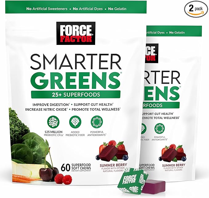 FORCE FACTOR Smarter Greens Superfood Chews, 2-Pack, Greens and Superfoods with Probiotics, Antioxidants, and Fiber, Greens Supplement to Support Digestion, Nitric Oxide, and Energy, 120 Soft Chews