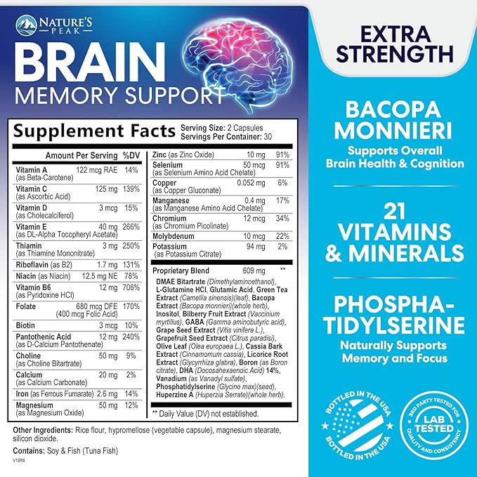 Brain Supplement Memory Pills - Nootropics Support for Concentration, Clarity, Energy & Focus - Brain Health with Bacopa, Cognitive Vitamins, Phosphatidylserine, DMAE - Brain Booster - 60 Capsules