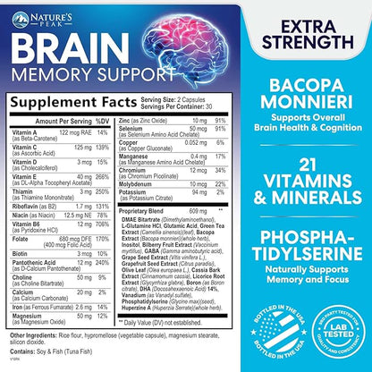 Brain Supplement Memory Pills - Nootropics Support for Concentration, Clarity, Energy & Focus - Brain Health with Bacopa, Cognitive Vitamins, Phosphatidylserine, DMAE - Brain Booster - 60 Capsules