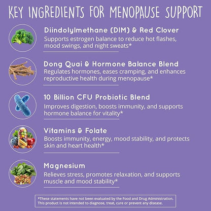 Menopause Support – DIM Supplement + Probiotics | Estrogen Supplement for Women | Dong Quai for Menopause Relief | Hormone Balance for Women | Hot Flashes, Mood Swings, & Night Sweats - Vegan, 60ct