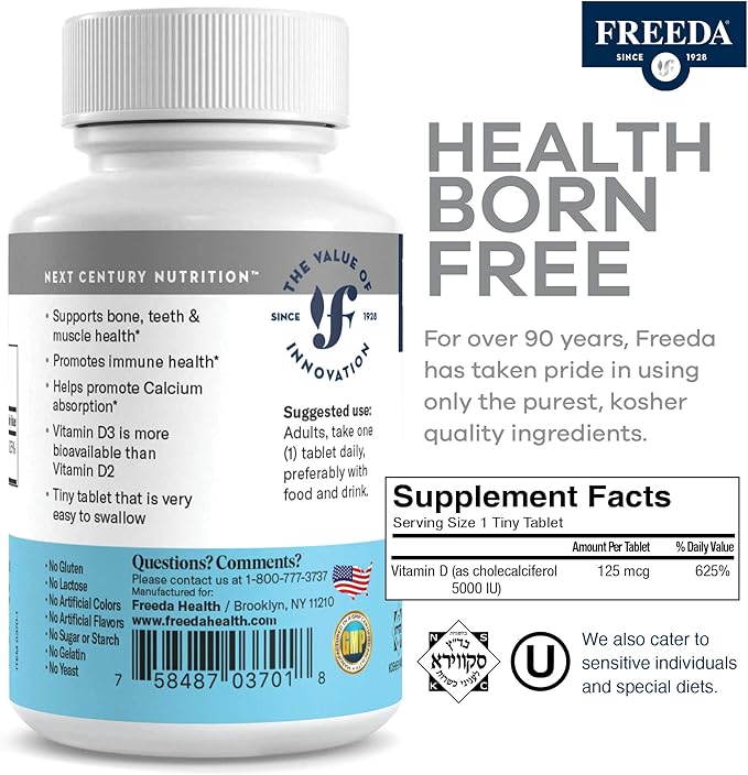 FREEDA Vitamin D3-5000 IU - Pure High Potency Kosher Supplement Tablets - Bone and Muscle Health, Calcium Absorption, Immune Support for Men and Women* - 100 Count