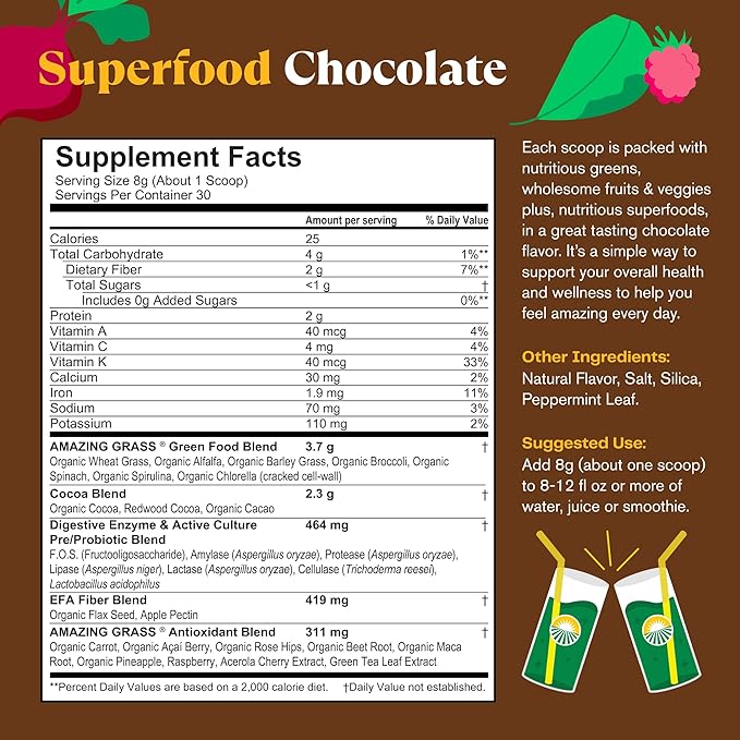Amazing Grass Greens Superfood Powder: Greens Powder with Digestive Enzymes & Probiotics, Organic Spirulina, Chlorella, and Beet Root Powder, Chocolate, 30 Servings