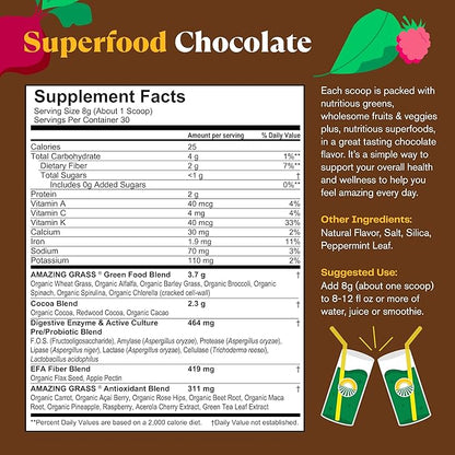 Amazing Grass Greens Superfood Powder: Greens Powder with Digestive Enzymes & Probiotics, Organic Spirulina, Chlorella, and Beet Root Powder, Chocolate, 30 Servings