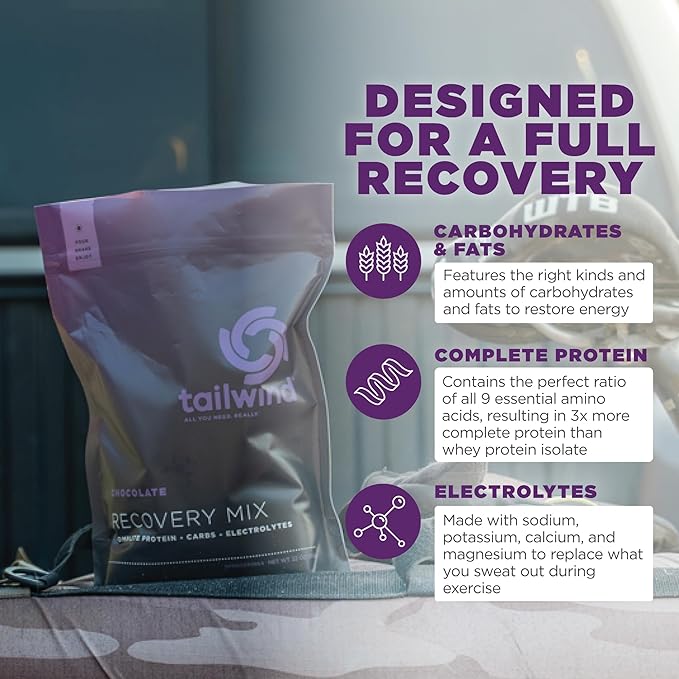 Tailwind Nutrition Recovery Mix, Complete Protein, Carbohydrates, and Electrolytes Powder Drink Mix for Post-Workout, Free of Gluten, Soy, and Dairy, Vegan, 12 Servings, Chocolate