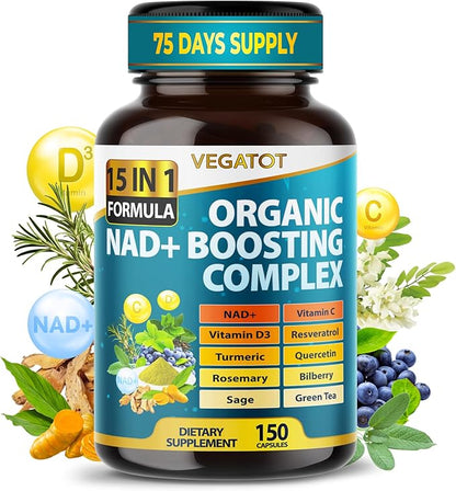 VEGATOT NAD+ Boosting Complex - NAD Supplements for Women & Men 15-in-1 Formula with Resveratrol Turmeric Quercetin Rosemary Bilberry Sage Green Tea