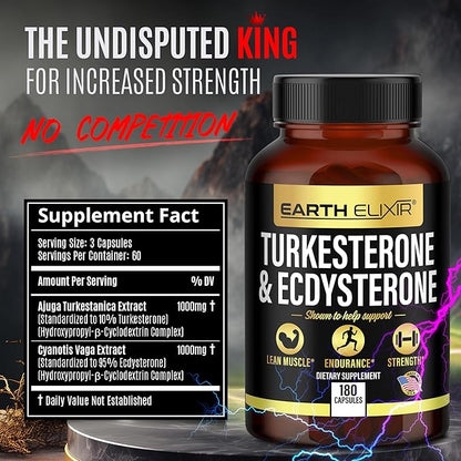 Turkesterone 1000mg and Ecdysterone 1000mg Supplements (180 Capsules) 2 Month Supply - 3rd Party Tested- Turkesterone Supplement for Men (Ajuga Turkestanica) with 95% Beta Ecdysterone