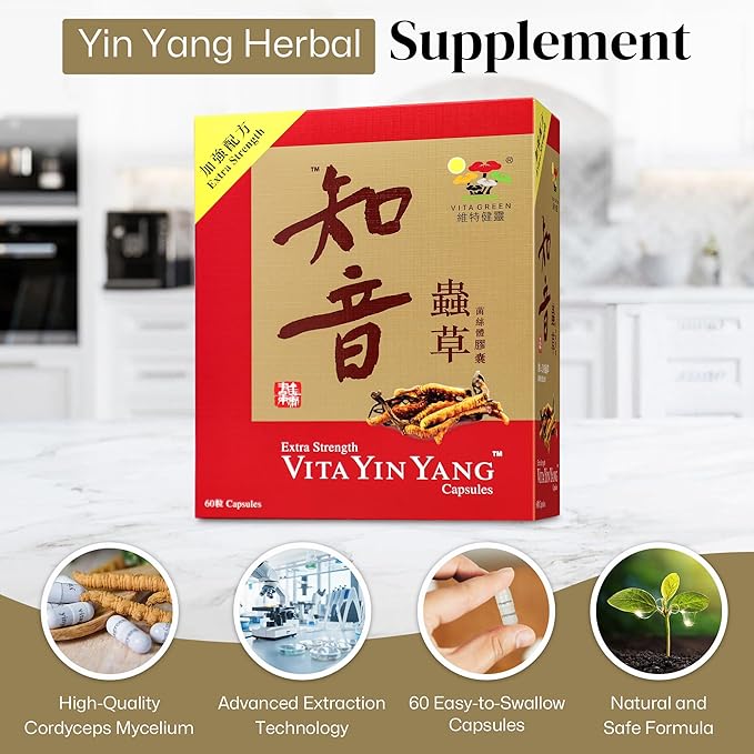 Vita Green Yin Yang Cordyceps Mycelium Herbal Supplement - Supports Respiratory Wellness, Energy, and Liver & Kidney Health - 60 Capsules