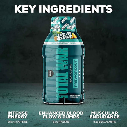 REDCON1 Total War Ready to Drink Preworkout, Baja Bomb - 350mg of Fast Acting RTD Caffeine - Beta Alanine + Citrulline Malate for Increased Pump (12 Workout Drinks)