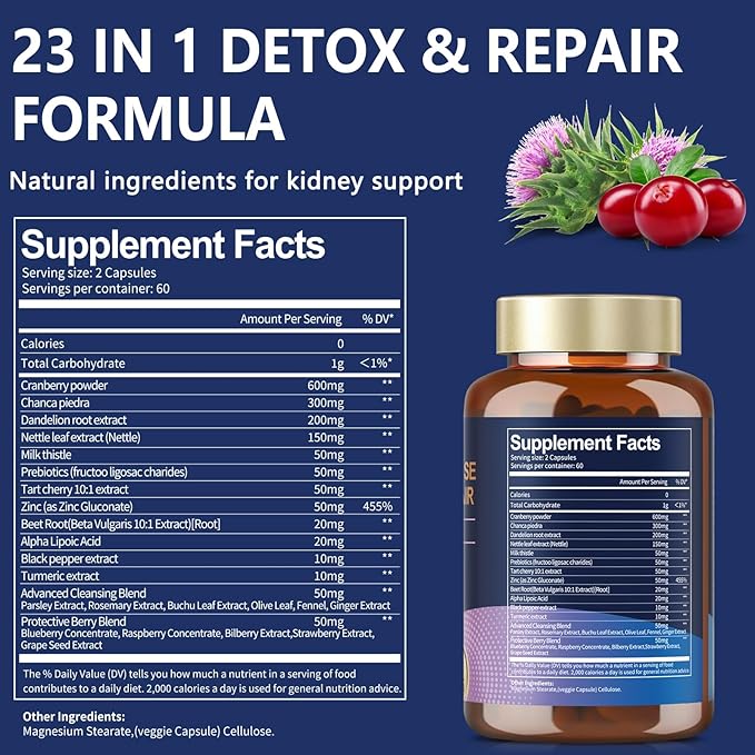 Kidney Cleanse Detox & Repair Capsules, Chanca Piedra & Cranberry Pills for Kidney Support Supplement Extra Strength with Kidney Stones Dissolver, Urinary Tract Health for Woman, 23 in 1, 120 Counts
