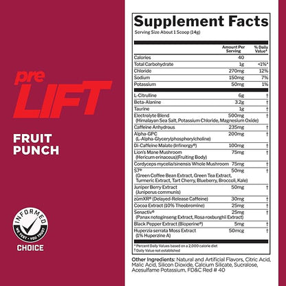 Rule 1 preLIFT Pre-Workout - 6g Citrulline, 3.2g Beta Alanine, 3 Caffeine Sources + 20 Others for Energy, Alertness, & Endurance (30 Servings, Fruit Punch)