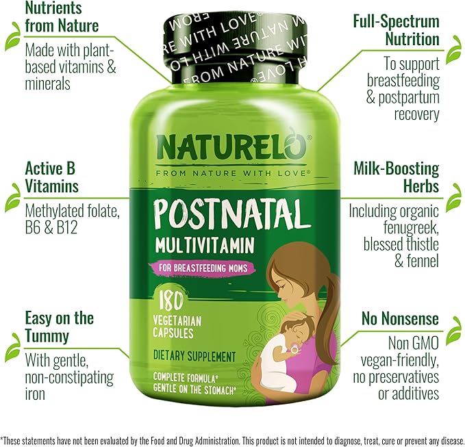 NATURELO Postnatal Multivitamin - Supplement for Breastfeeding Women - Plant-Based Vitamin D, Folate, Gentle Iron - for Nursing Mother, Baby - Post Natal Lactation Support (180 Count (Pack of 1))
