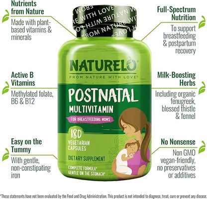 NATURELO Postnatal Multivitamin - Supplement for Breastfeeding Women - Plant-Based Vitamin D, Folate, Gentle Iron - for Nursing Mother, Baby - Post Natal Lactation Support (180 Count (Pack of 1))