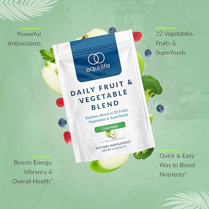 Equilife - Daily Fruit & Vegetable Blend, Fruits and Vegetables Supplements, Vitamin C, 9 Essential Amino Acids, Promotes Energy, Low-Sugar, Easy-to-Use, Vegan, Non-GMO (Crisp Apple, 30 Servings Bag)