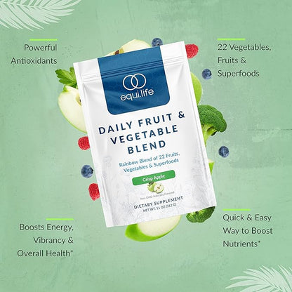 Equilife - Daily Fruit & Vegetable Blend, Fruits and Vegetables Supplements, Vitamin C, 9 Essential Amino Acids, Promotes Energy, Low-Sugar, Easy-to-Use, Vegan, Non-GMO (Crisp Apple, 30 Servings Bag)