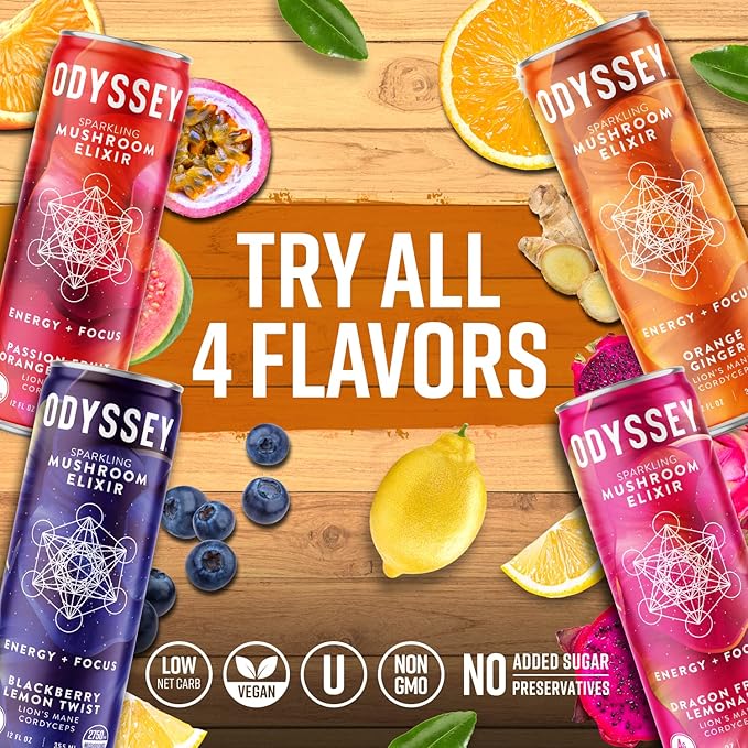 Odyssey Elixir Functional Beverage - Adaptogen Drink with Lions Mane, Cordyceps, L Theanine & Green Tea Caffeine - for Cognition, Energy & Mood Boost - 0 Added Sugar - Orange - 12 Fl oz, 12 Pack