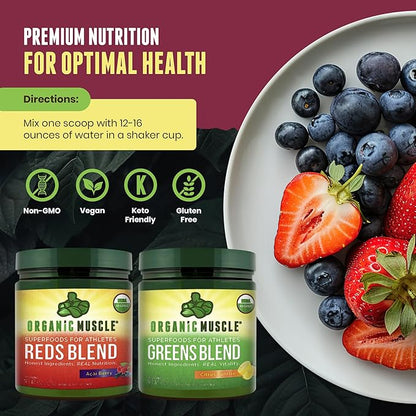 Organic Muscle Super Reds Powder - Organic Greens and Reds Superfood Powder with Organic Acai Berry, Pomegranate & Cranberry for Natural Energy & Metabolism Boost - Vegan & Non-GMO, 30 Servings