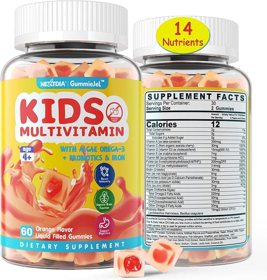Kids Multivitamin Gummies with Iron, Vegan Omega 3 (EPA/DHA), Probiotics, Kids Vitamin A, C, D, E & Zinc for Immune Support, Multivitamin for Kids 4+, Sugar Free, Gluten Free, Fruit Flavor, 60 Counts