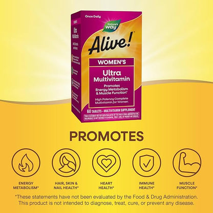 Nature's Way Alive! Women's Daily Ultra Multivitamin, High Potency Formula, Promotes Energy Metabolism and Muscle Function*, with Methylated B12, 60 Tablets (Packaging May Vary)
