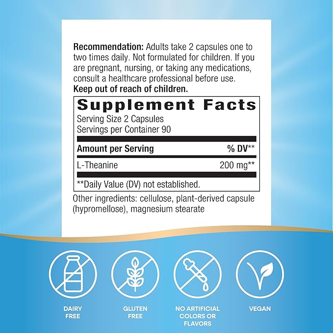 Nature's Way L-Theanine, Stress Support*, Promotes Relaxation*, 200 mg per 2-Capsule Serving, Vegan, 180 Capsules (Packaging May Vary)