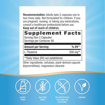 Nature's Way L-Theanine, Stress Support*, Promotes Relaxation*, 200 mg per 2-Capsule Serving, Vegan, 180 Capsules (Packaging May Vary)