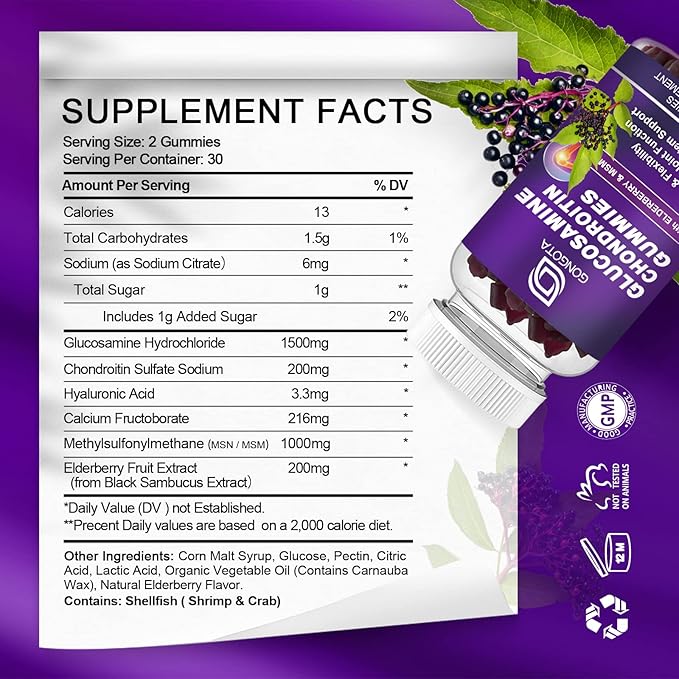 Glucosamine Chondroitin Gummies, Extra Strength 1500mg Glucosamine with MSM & Elderberry, Joint Support Supplement, Best Cartilage & Immune Support Supplement for Men and Women - 60count (1 Pack)