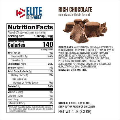 Dymatize Elite 100% Whey Protein Powder, 25g Protein, 5.5g BCAAs & 2.7 L-Leucine, Quick Absorbing & Fast Digesting for Optimal Muscle Recovery, Rich Chocolate, 5 Pound, 63 Servings