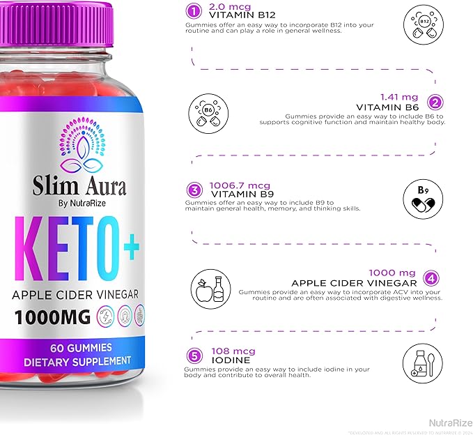 (2 Pack) Slim Aura Keto ACV Gummies, Official SlimAura Keto + ACV Gummies, All Natural Apple Cider Vinegar Gummy, Premium Keto Plus ACV Formula, ACV Keto Gomitas (120 Gummies)