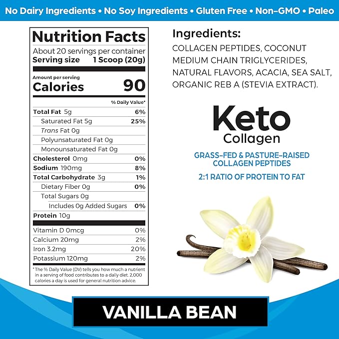 Orgain Keto Collagen Protein Powder, Vanilla - 10g Grass Fed Hydrolyzed Collagen Peptides for Women & Men, Type I & III, 5g MCT Oil - Hair, Skin, Nail, & Joint Support, Non-GMO, Gluten Free - 0.88lb
