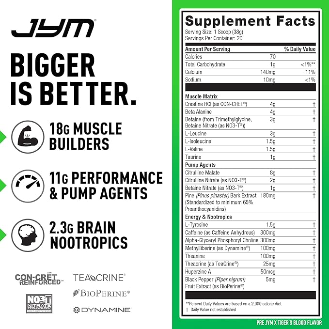 Pre JYM X Tiger’s Blood Advanced Pre-Workout Powder Massive Pumps, Citrulline Nitrate, Dynamine, NO3T Betaine, BCAA’s, Nootropics, Creatine, Beta-Alanine, JYM Supplement Science, 20 Servings