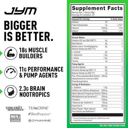 Pre JYM X Tiger’s Blood Advanced Pre-Workout Powder Massive Pumps, Citrulline Nitrate, Dynamine, NO3T Betaine, BCAA’s, Nootropics, Creatine, Beta-Alanine, JYM Supplement Science, 20 Servings