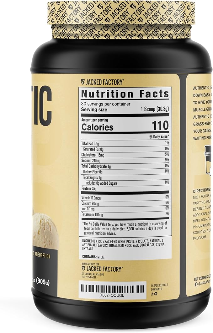 Jacked Factory Authentic ISO Grass Fed Whey Protein Isolate Powder - Low Carb, Non-GMO Muscle Building Protein w/No Fillers, Mixes Perfectly for Post Workout Recovery, Vanilla - 2LB, 30 SV