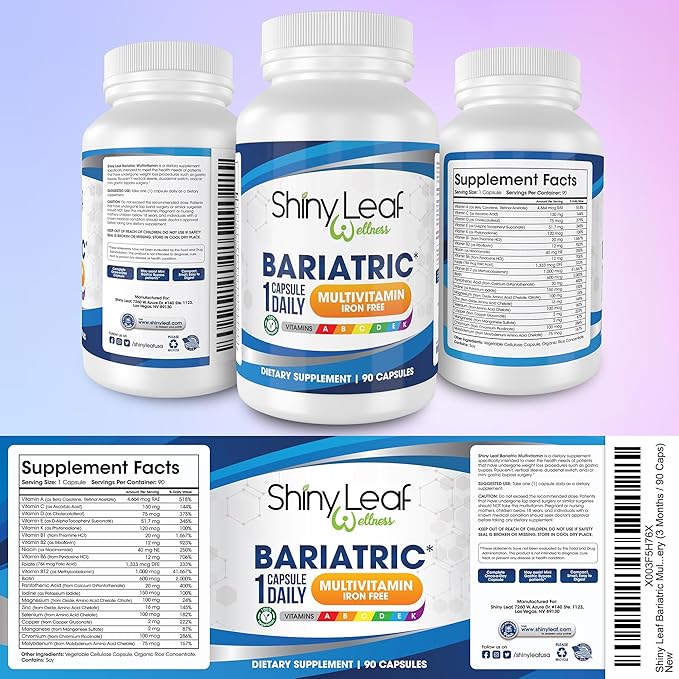 Shiny Leaf Bariatric Multivitamin Iron-Free Capsules for Post Bariatric Surgery Patients, Once Daily Bariatric Vitamins Without Iron for WLS, Sleeve, Gastric Bypass Surgery (6 Months / 180 Caps)