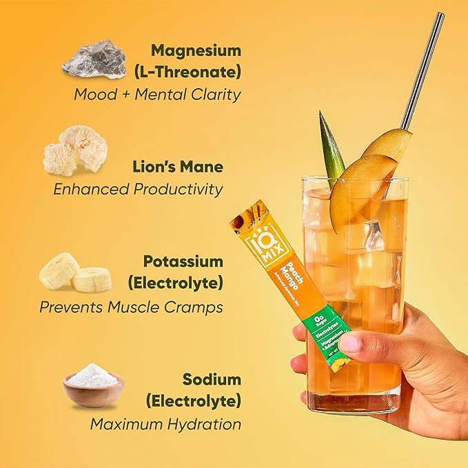IQMIX Sugar Free Electrolytes Powder Packets - Hydration Supplement Drink Mix with Keto Electrolytes, Lions Mane, Magnesium L-Threonate, and Potassium Citrate - Peach Mango (40 Count)