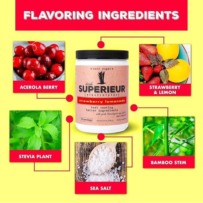Superieur Electrolytes–Plant Based Electrolyte Supplement w/Sea Minerals for Hydration & Recovery–Keto Friendly, Non-GMO, Zero Sugar, Vegan Healthy Sports Drink Powder–Strawberry Lemon(70 Serv)