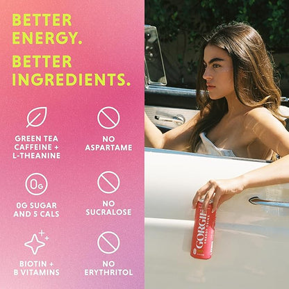 GORGIE Bestsellers Variety, Sugar-Free Natural Energy Drink Sparkling, Healthy Energy Drinks - Green Tea, Biotin, B Vitamins -150mg Caffeine, Vegan, & Low Calorie (Pack of 12)