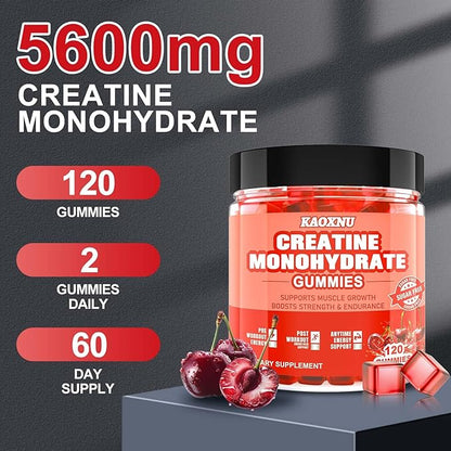 Creatine Monohydrate Gummies 5600mg for Men & Women, 120 CT Chewable Creatine Gummies for Muscle Support, Energy Boost, 5.6g of Creatine Monohydrate per Serving - Sugar Free, Vegan (Cherry Flavor)