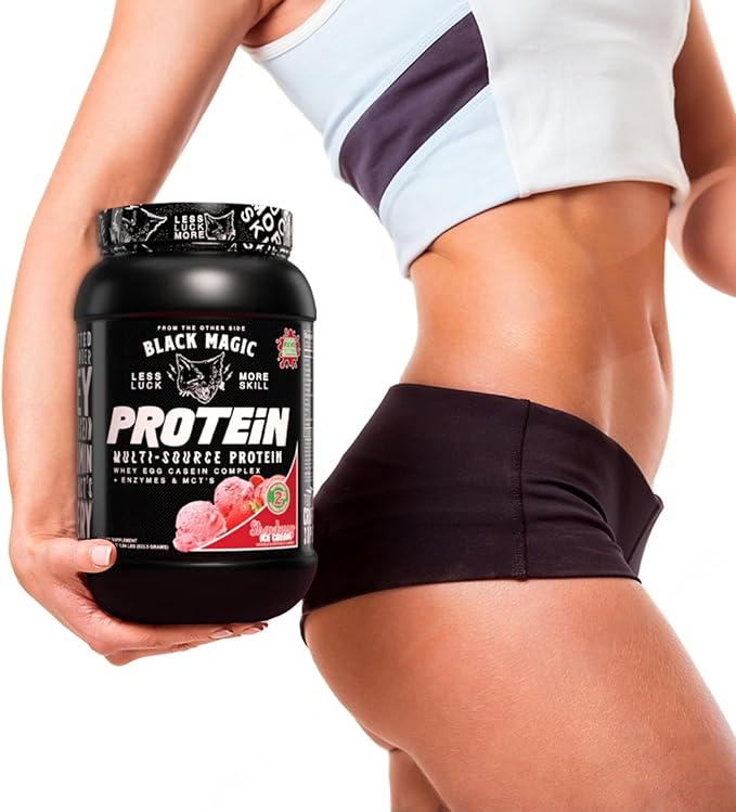 Worldwide Nutrition Bundle Compatible with Black Magic Protein Powder - Multi-Source Protein Whey, Egg & Casein Complex with Enzymes & MCT- 2LB Strawberry Ice Cream Flavor with Multi-Purpose Keychain