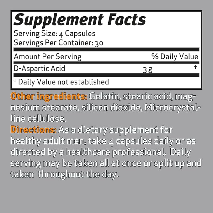 DAA D-Aspartic Acid 3g Daily Dose 30 Day Supply, 120 Capsules