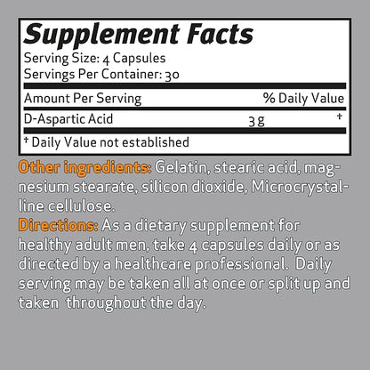 DAA D-Aspartic Acid 3g Daily Dose 30 Day Supply, 120 Capsules