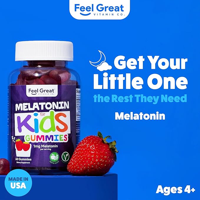 Feel Great Kids Melatonin Gummy | Strawberry Flavored Melatonin Gummies Kids | 1 MG of Melatonin Sleep Aid for Kids | Vegan Gummies | 60 Day Supply