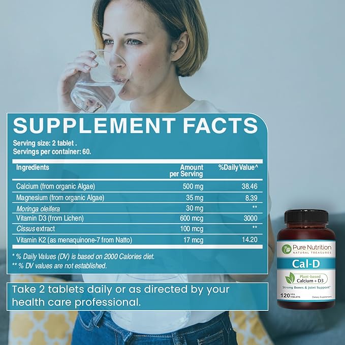 Pure Nutrition Cal D - Plant Based Calcium with Vitamin D3 K2 and Magnesium. Vegan Calcium Supplement with 500mg Elemental Calcium per Serving. Algae Calcium Supplement for Bone Health | 120 Tabs